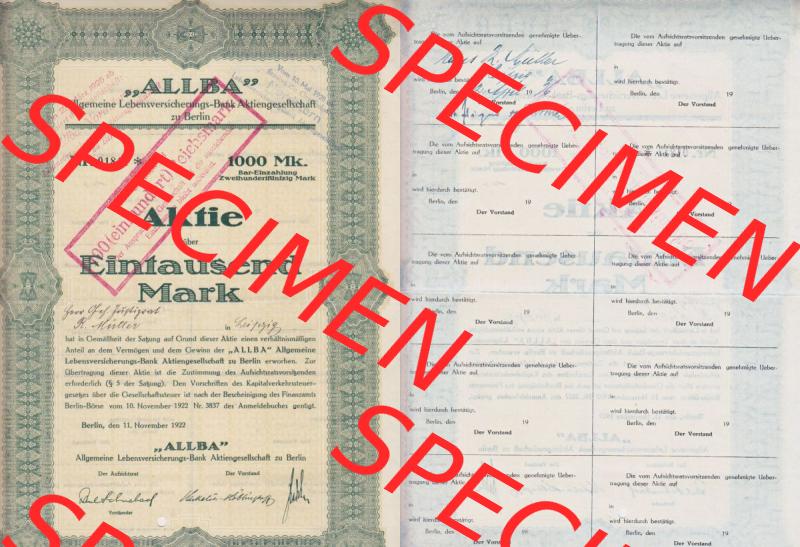 Deutsches Reich Historisches Wertpapier beidseitige Vollansicht 1922-1925, Allba Allgemeine Lebensversicherung-Bank Aktiengesellschaft, Eintausend Mark, Stempel 100 Reichsmark.... Sammlung