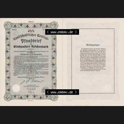 Deutsches Reich Historisches Wertpapier beidseitige Vollansicht 1940 Landschaftlicher Central Pfandbrief über 100 Einhundert Reichsmark 4,5 Prozent. Hier befindet sich ein Digitales Bild... Sammlung