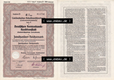 Deutsches Reich Historisches Wertpapier beidseitige Vollansicht 1939, Landeskultur-Schuldverschreibung, Deutschen Rentenbank,... Sammlung
