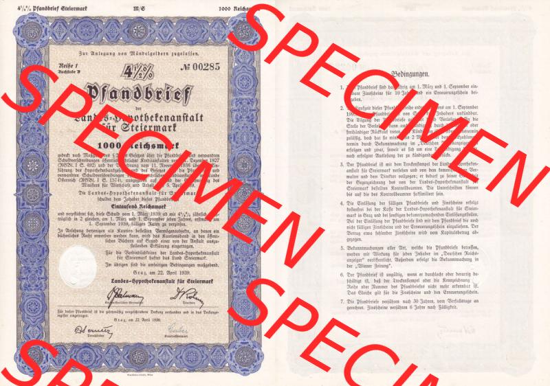 Österreich Historisches Wertpapier beidseitige Vollansicht 1939, Graz, Pfandbrief der Landes-Hypothekenanstalt für Steiermark über 1000 Reichsmark. Hier befindet sich... Sammlung