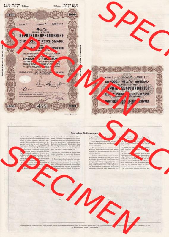 Österreich Historisches Wertpapier beidseitige Vollansicht 1940, 4.5 Prozent Mündelsicherer Hypothekenpfandbrief über Eintausend Reichsmark, Hypotheken- und Crédit-Institutes... Sammlung