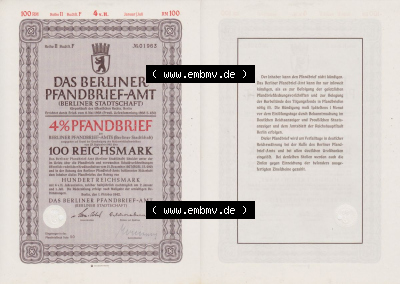 Deutsches Reich Historisches Wertpapier beidseitige Vollansicht 1942, Das Berliner Pfandbrief-Amt Berliner Stadtschaft 100 Reichsmark.... Sammlung