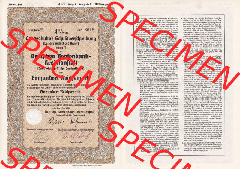Deutsches Reich Historisches Wertpapier beidseitige Vollansicht 1939, Deutsche Rentenbank-Kreditanstalt, Landeskultur-Schuldverschreibung 100 Reichsmark. Hier befindet sich ein Digitales... Sammlung