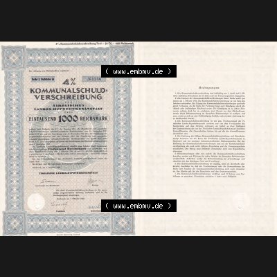 Österreich Historisches Wertpapier beidseitige Vollansicht 1940, Tirol Kommunalschuldverschreibung, Tirolische Landes-Hypothekenanstalt über Eintausend 1000 Reichsmark. Hier... Sammlung