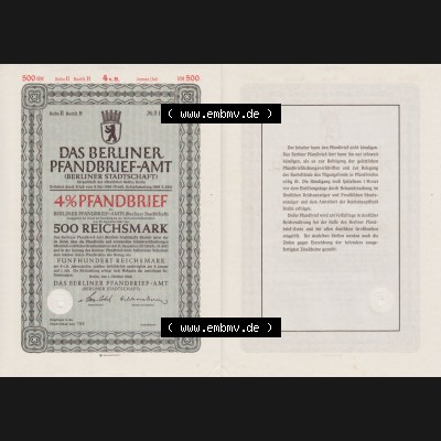 Deutsches Reich Historisches Wertpapier beidseitige Vollansicht 1942, Das Berliner Pfandbrief-Amt 4 Prozent Berliner Stadtschaft 500 Fünfhundert Reichsmark. Hier befindet sich ein Digitales... Sammlung