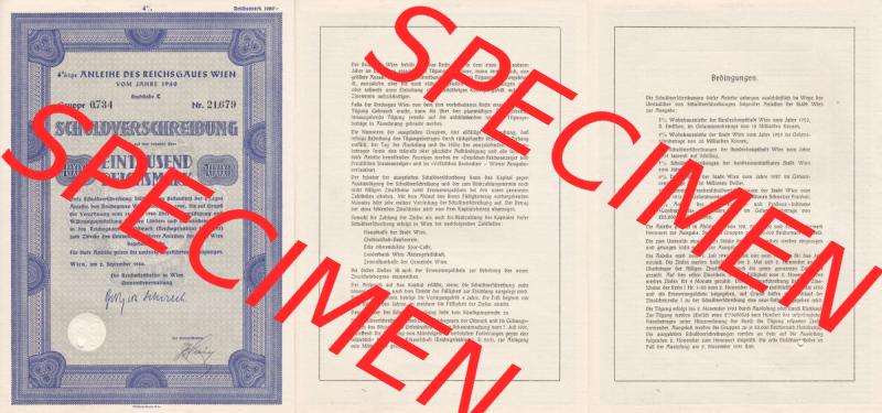 Österreich Historisches Wertpapier beidseitige Vollansicht 1940, Wien, Anleihe des Reichsgäues Wien, Schuldverschreibung auf Eintausend 1000 Reichsmark. Hier befindet... Sammlung