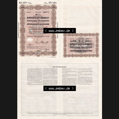 Österreich Historisches Wertpapier beidseitige Vollansicht 1940, 4.5 Prozent Mündelsicherer Hypothekenpfandbrief über Eintausend Reichsmark, Hypotheken- und Crédit-Institutes... Sammlung
