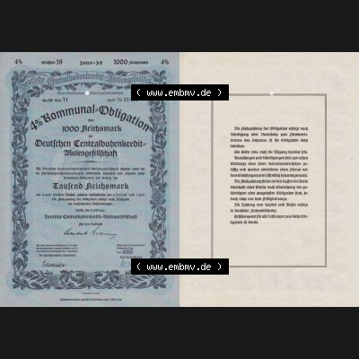 Deutsches Reich Historisches Wertpapier beidseitige Vollansicht 1941, 1000 RM Kommunal-Obligation über 1000 Reichsmark Deutschen Centralbodenkredit-Aktiengesellschaft Tausend Reichsmark.... Sammlung