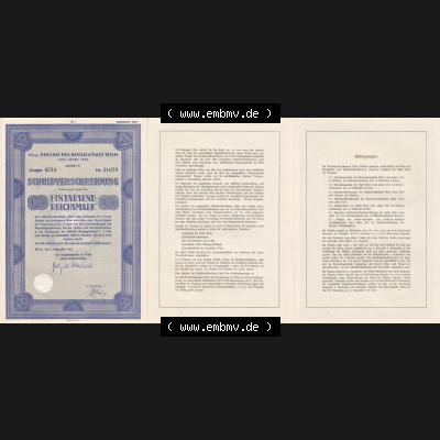 Österreich Historisches Wertpapier beidseitige Vollansicht 1940, Wien, Anleihe des Reichsgäues Wien, Schuldverschreibung auf Eintausend 1000 Reichsmark. Hier befindet... Sammlung