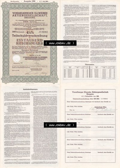 Österreich Historisches Wertpapier beidseitige Vollansicht 1938, Vorarlberger Illwerke Aktiengesellschaft Bregenz, 4.5 Prozent... Sammlung