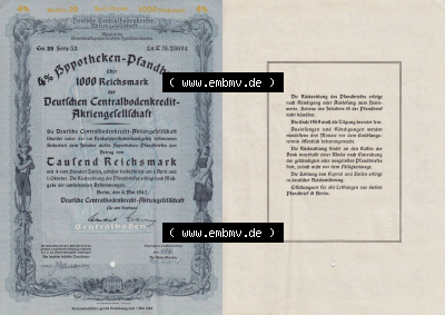 Deutsches Reich Historisches Wertpapier beidseitige Vollansicht 1942 Mai, Deutsche Centralbodenkredit-Aktiengesellschaft, Wert... Sammlung