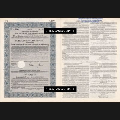 Deutsches Reich Historisches Wertpapier beidseitige Vollansicht 1935, Konversionskasse, Schuldverschreibung, Zweihundert Franken Schweizerwährung. Hier befindet sich ein Digitales... Sammlung
