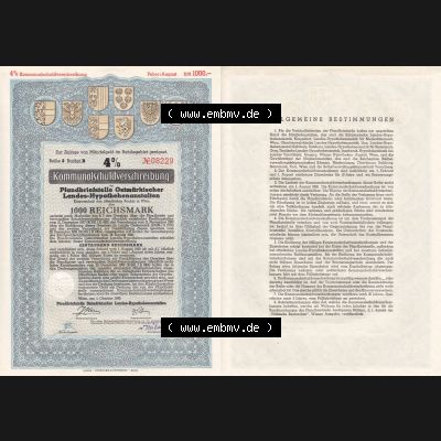 Österreich Historisches Wertpapier beidseitige Vollansicht 1940, Kommunal-Schuldverschreibung, Pfandbriefstelle Ostmärkischer Landes-Hypothekenanstalt über Eintausend 1000 Reichsmark.... Sammlung