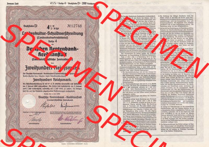 Deutsches Reich Historisches Wertpapier beidseitige Vollansicht 1939, Landeskultur-Schuldverschreibung, Deutschen Rentenbank, Zweihundert Reichsmark. Hier befindet sich ein Digitales... Sammlung