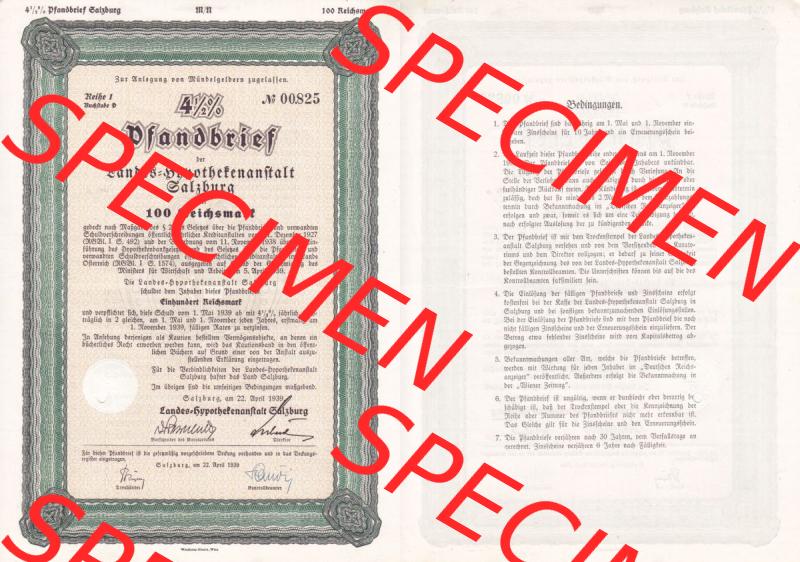 Österreich Historisches Wertpapier beidseitige Vollansicht 1939, Reihe 1, Buchstabe D, 4.5 Prozent Pfandbrief, Zur Anlegung von Mündelgeldern zugelassen,... Sammlung