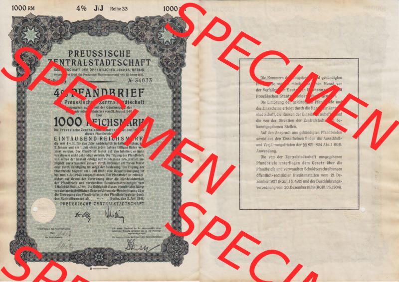 Deutsches Reich Historisches Wertpapier beidseitige Vollansicht 1941 Juni, Preussische Zentralstadtschaft, Körperschaft des Öffentlichen Rechts, Berlin, 4 Prozent Pfandbrief,... Sammlung