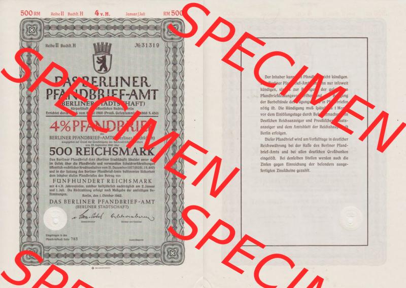 Deutsches Reich Historisches Wertpapier beidseitige Vollansicht 1942, Das Berliner Pfandbrief-Amt 4 Prozent Berliner Stadtschaft 500 Fünfhundert Reichsmark. Hier befindet sich ein Digitales... Sammlung