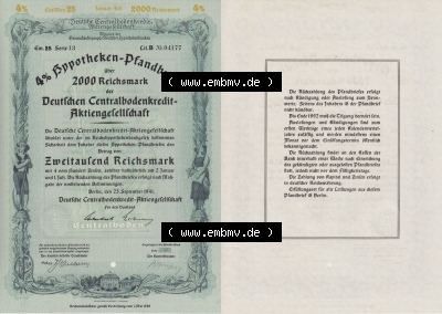 Deutsches Reich Historisches Wertpapier beidseitige Vollansicht 1941 4 Prozent Hypotheken-Pfandbrief über 2000 Reichsmark Deutschen... Sammlung