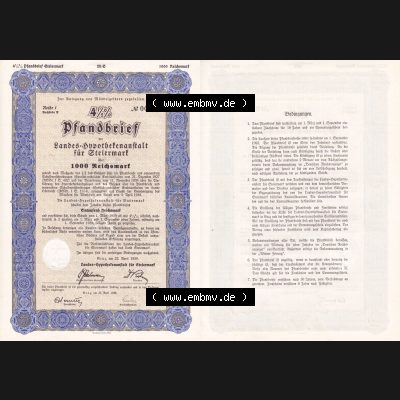 Österreich Historisches Wertpapier beidseitige Vollansicht 1939, Graz, Pfandbrief der Landes-Hypothekenanstalt für Steiermark über 1000 Reichsmark. Hier befindet sich... Sammlung