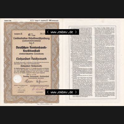 Deutsches Reich Historisches Wertpapier beidseitige Vollansicht 1939, Deutsche Rentenbank-Kreditanstalt, Landeskultur-Schuldverschreibung 100 Reichsmark. Hier befindet sich ein Digitales... Sammlung