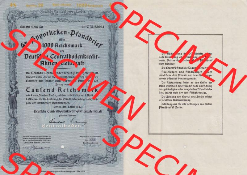 Deutsches Reich Historisches Wertpapier beidseitige Vollansicht 1942 Mai, Deutsche Centralbodenkredit-Aktiengesellschaft, Wert von Tausend Reichsmark. Hier befindet sich ein Digitales... Sammlung