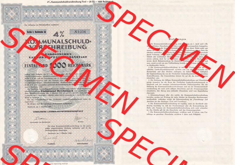 Österreich Historisches Wertpapier beidseitige Vollansicht 1940, Tirol Kommunalschuldverschreibung, Tirolische Landes-Hypothekenanstalt über Eintausend 1000 Reichsmark. Hier... Sammlung