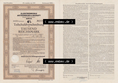 Deutsches Reich Historisches Wertpapier beidseitige Vollansicht Elektrowerke Aktiengesellschaft, Reichs-Elektrowerke, Berlin,... Sammlung