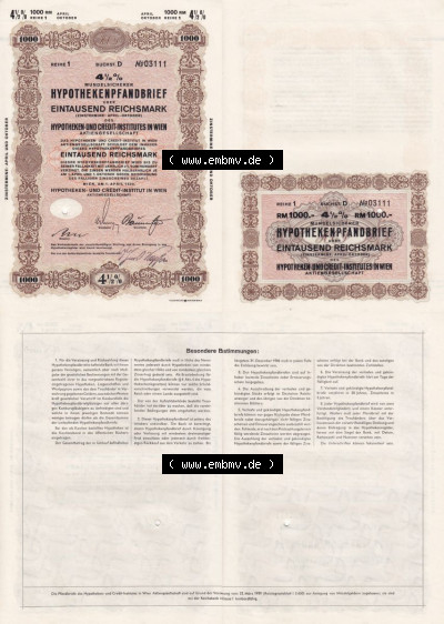 Österreich Historisches Wertpapier beidseitige Vollansicht 1940, 4.5 Prozent Mündelsicherer Hypothekenpfandbrief über Eintausend... Sammlung