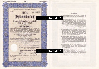 Österreich Historisches Wertpapier beidseitige Vollansicht 1939, Graz, Pfandbrief der Landes-Hypothekenanstalt für Steiermark... Sammlung
