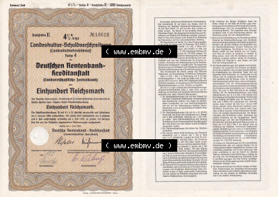 Deutsches Reich Historisches Wertpapier beidseitige Vollansicht 1939, Deutsche Rentenbank-Kreditanstalt, Landeskultur-Schuldverschreibung... Sammlung
