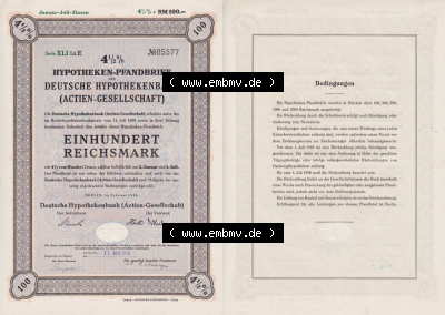 Deutsches Reich Historisches Wertpapier beidseitige Vollansicht 1940, Hypotheken-Pfandbrief, Deutsche Hypothekenbank Actien-Gesellschaft,... Sammlung