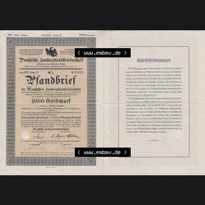 Deutsches Reich Historisches Wertpapier beidseitige Vollansicht 1930 März, Preußische Landespfandbriefanstalt, 8 Prozent Pfandbrief mit Wert von 1000 Goldmark. Hier befindet... Sammlung