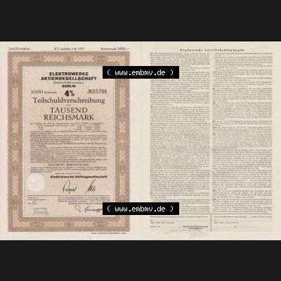 Deutsches Reich Historisches Wertpapier beidseitige Vollansicht Elektrowerke Aktiengesellschaft, Reichs-Elektrowerke, Berlin, 1000 Reichsmark, Teil-Schuld-Verschreibung, 4... Sammlung