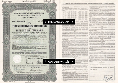 Österreich Historisches Wertpapier beidseitige Vollansicht 1943, Stickstoffwerke Ostmark Linz a.d. Donau, Teilschuldverschreibung... Sammlung