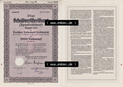 Deutsches Reich Historisches Wertpapier beidseitige Vollansicht 1940 September, 4 Prozent Schuld-Verschreibung, Agrarkreditbrief,... Sammlung