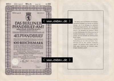 Deutsches Reich Historisches Wertpapier beidseitige Vollansicht 1940, Das Berliner Pfandbrief-Amt 4.5 Prozent Berliner Stadtschaft... Sammlung