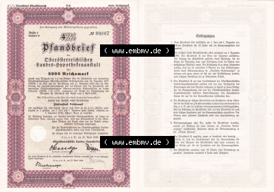 Österreich Historisches Wertpapier beidseitige Vollansicht 1939, Linz Pfandbrief, Oberösterreichischen Landes-Hypothekenanstalt... Sammlung