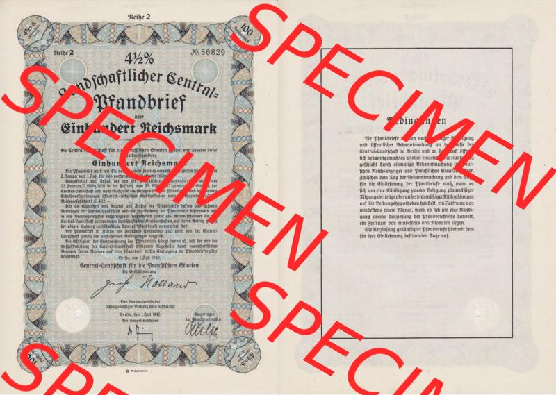 Deutsches Reich Historisches Wertpapier beidseitige Vollansicht 1940 Landschaftlicher Central Pfandbrief über 100 Einhundert Reichsmark 4,5 Prozent. Hier befindet sich ein Digitales Bild... Sammlung