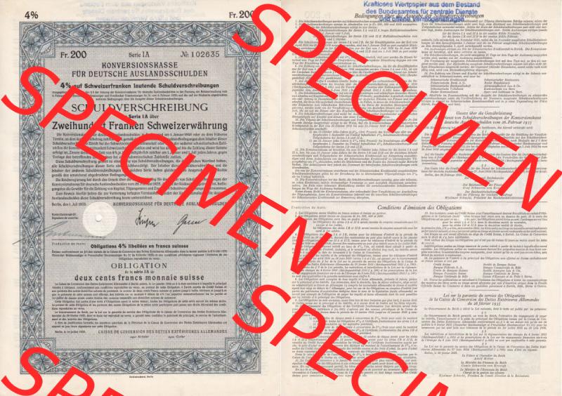 Deutsches Reich Historisches Wertpapier beidseitige Vollansicht 1935, Konversionskasse, Schuldverschreibung, Zweihundert Franken Schweizerwährung. Hier befindet sich ein Digitales... Sammlung