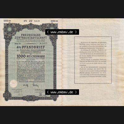 Deutsches Reich Historisches Wertpapier beidseitige Vollansicht 1941 Juni, Preussische Zentralstadtschaft, Körperschaft des Öffentlichen Rechts, Berlin, 4 Prozent Pfandbrief,... Sammlung