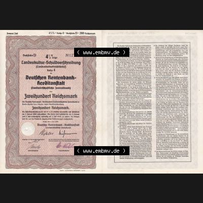 Deutsches Reich Historisches Wertpapier beidseitige Vollansicht 1939, Landeskultur-Schuldverschreibung, Deutschen Rentenbank, Zweihundert Reichsmark. Hier befindet sich ein Digitales... Sammlung