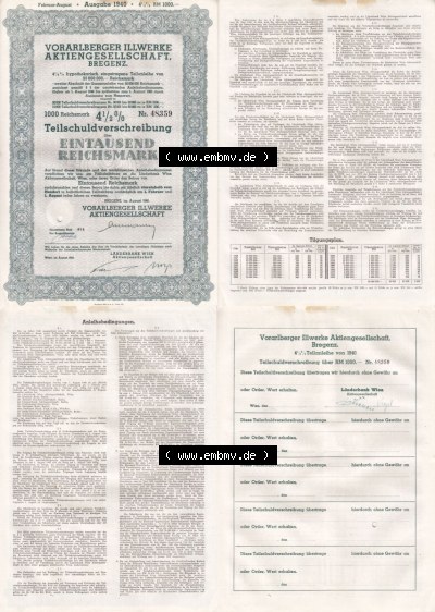 Österreich Historisches Wertpapier beidseitige Vollansicht 1940, Vorarlberger Illwerke, Teilanleihe AktiengesellschaftBregenz,... Sammlung