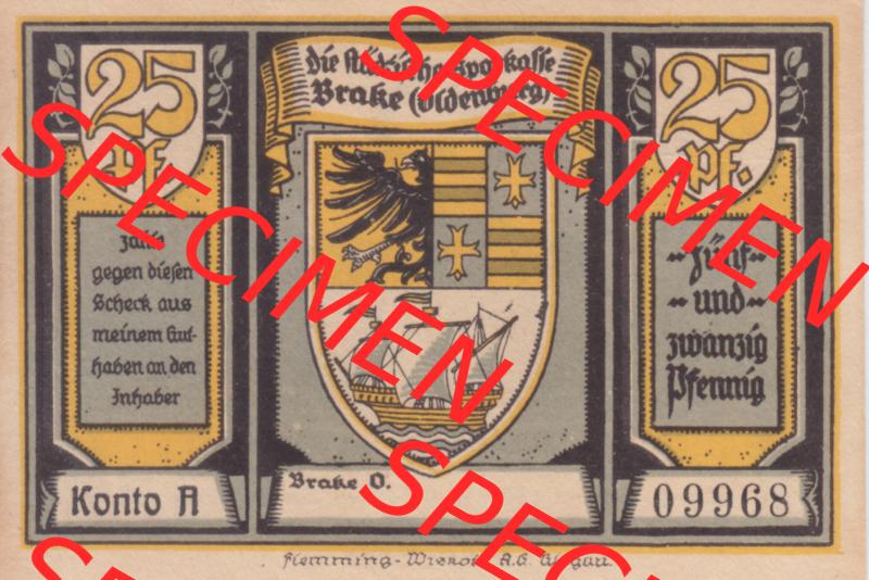 Notgeldscheine Brake, Stadtsparkasse in Oldenburg 1922, 25 Pfennig (1) Sammlung