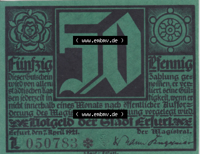 Notgeldscheine Erfurt, Stadt in Provinz Sachsen Notgeld Luther II. 1921, 50 Pfennig L grün (1) Sammlung
