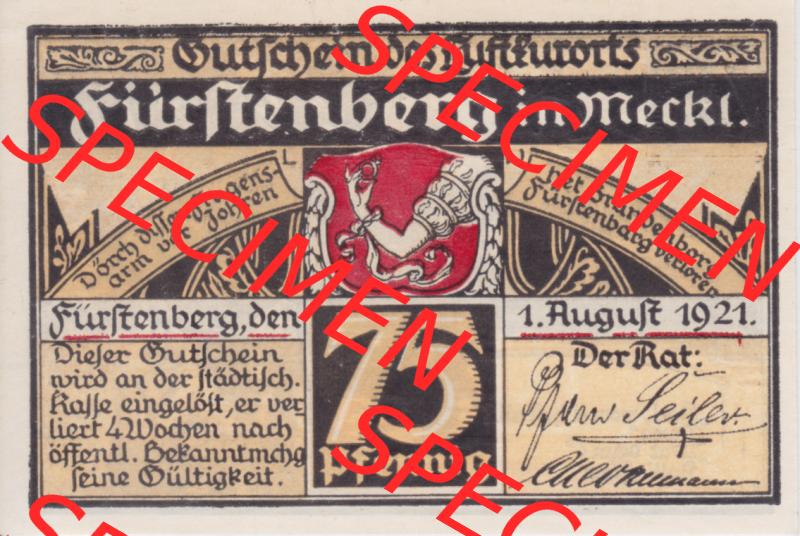 Notgeldscheine Fürstenberg, Stadt in Mecklenburg-Strelitz 1921 75 Pfennig Angler in Farbe (1) Sammlung