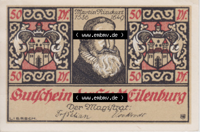 Notgeldscheine Eilenburg, Stadt in Provinz Sachsen Notgeld 1921, Martin Rinkart, 50 Pfennig 6 Sammlung