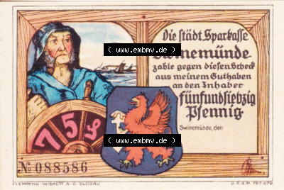 Notgeldscheine Swinemünde, Sparkasse in Pommern Notgeld Scheck 75 Pfennig (1) Sammlung