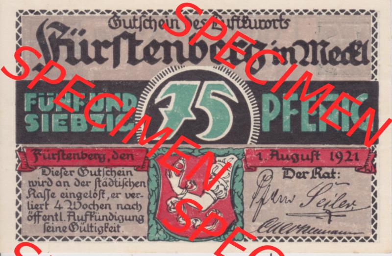 Notgeldscheine Fürstenberg, Stadt in Mecklenburg-Strelitz 1921 75 Pfennig Innerhalb dreier Seeen (1) Sammlung