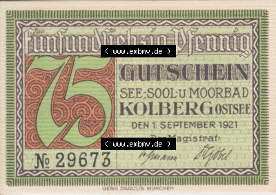 Notgeldscheine Kolberg, Stadt in Pommern Notgeld Persönlichkeiten 75 Pfennig, Nettelbeck (1) Sammlung