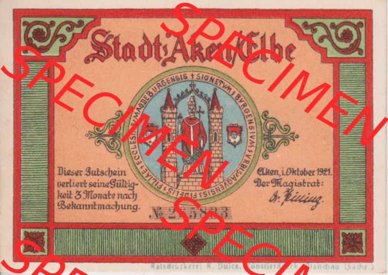 Notgeldscheine Aken, Stadt in Provinz Sachsen Notgeld 1921, 50 Pfennig Früher warst im ganzen Land (1) Sammlung